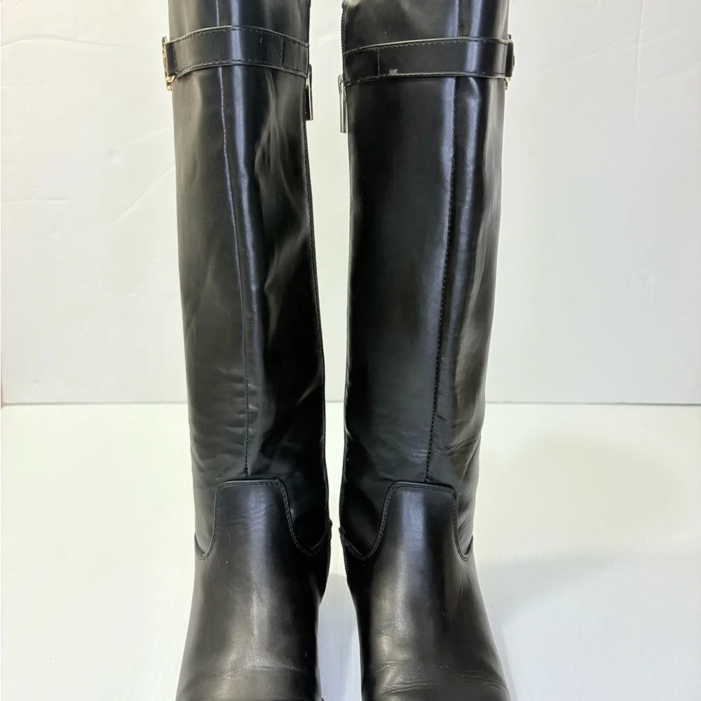 Tommy Hilfiger Inezy Black Knee High Equestrian Boots Side Zip Block Heel Sz6